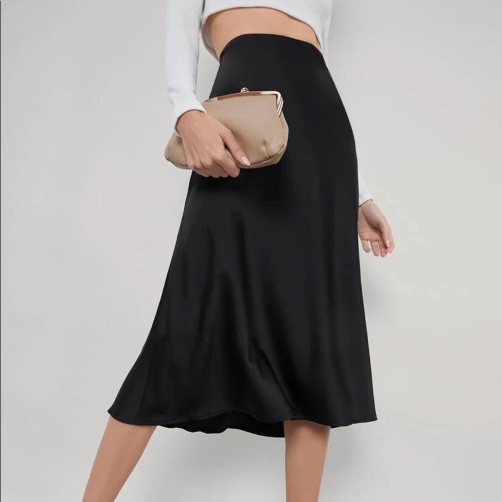 Black midi satin skirt